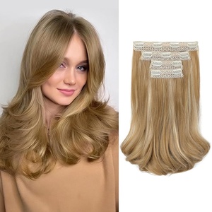 image:imageREECHO Clip in Hair Extensions  4PCS Lace Weft 14 Short Wavy Invisible Clip Ins Natural Soft Hairpieces for Women Golden Blonde With Highlights