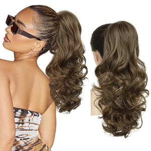 image:imageREECHO Ponytail Extension 18 inch Drawstring Ponytail Hair Extensions Long Curly Wavy Clip in Pony Tail Synthetic Hairpiece for Women Chocolate Brown with Highlights