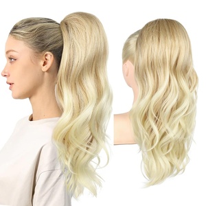 image:imageREECHO Ponytail Extension Drawstring Ponytail Extension Long Wavy Layered Pony Tails Hair Extensions 22inch Natural Fake Ponytail Clip in Synthetic Hairpiece for Women Golden Blonde and Beach Blonde