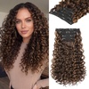image:imageREECHO Curly Hair Extensions  4PCS 18 GoGo Curly Clip in Hair Extensions 100 Super Protein Hairpieces with Invisible Lace Weft Silky Soft Natural Look for Women  Chocolate Brown with Lighter EndsWarm Brown with Highlights