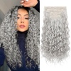 image:imageREECHO Curly Hair Extensions 4PCS 16 inch Clip in Hair Extensions Lace Weft Short Curly Hair Extension Clip Ins Invisible Natural Hairpieces for Women Light Brown with Blonde HighlightsSilver Grey