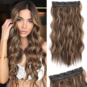 image:imageREECHO 24 1Pack 34 Full Head Curly Wave Clips in on Synthetic Hair Extensions HE008 Hairpieces for Women 5 Clips per PieceNatural BlackChocolate Brown with Blonde Highlights  Wavy