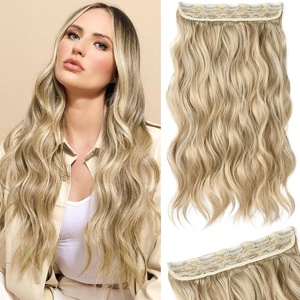 image:imageREECHO 24 1Pack 34 Full Head Curly Wave Clips in on Synthetic Hair Extensions HE008 Hairpieces for Women 5 Clips per PieceNatural BlackDark Ash Blonde  Wavy