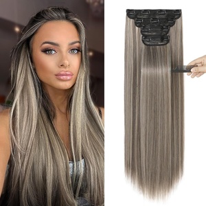 image:imageREECHO 28 Straight Long 4 PCS Set Thick Clip in on Hair Extensions Dark Ash BlondeAsh Brown with Platinum Blonde Highlights