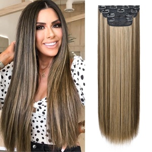 image:imageREECHO 28 Straight Long 4 PCS Set Thick Clip in on Hair Extensions Dark Ash BlondeChocolate Brown with Blonde Highlights  Straight