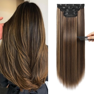 image:imageREECHO 28 Straight Long 4 PCS Set Thick Clip in on Hair Extensions Dark Ash BlondeChocolate Brown with Golden Highlights