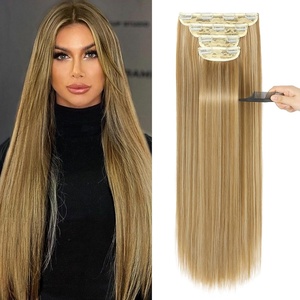 image:imageREECHO 28 Straight Long 4 PCS Set Thick Clip in on Hair Extensions Dark Ash BlondeGolden Blonde with Highlights