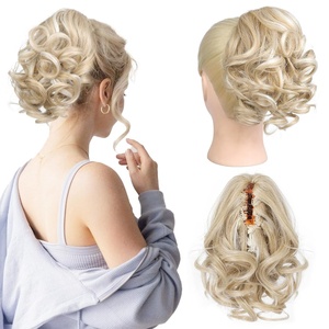 image:imageREECHO 9 Short Ponytail Extension Classic Loose Curly Wavy Claw Clip Pony tails Hair Extensions HP001 Hairpieces for Women  Natural Blonde with Highlights