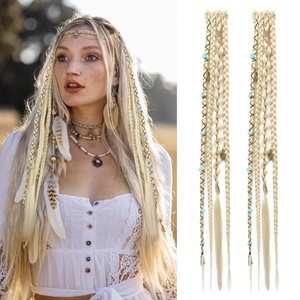 image:imageREECHO Clip in Braid Hair Extensions for Women 16 Boho Dreadlock Clip in Braids with Beads amp Charms 2PCS Handmade Synthetic Braided Hairpieces for Cosplay Daily Styling Dark Brown MixLight Blonde