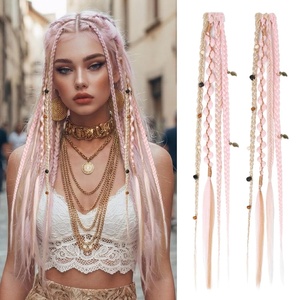 image:imageREECHO Clip in Braid Hair Extensions for Women 16 Boho Dreadlock Clip in Braids with Beads amp Charms 2PCS Handmade Synthetic Braided Hairpieces for Cosplay Daily Styling Dark Brown MixMixed Pink  Blonde
