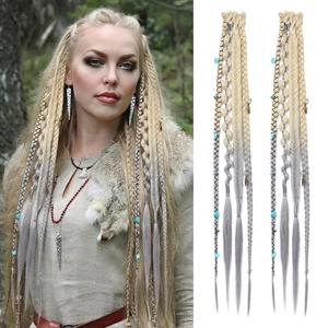 image:imageREECHO Clip in Braid Hair Extensions for Women 16 Boho Dreadlock Clip in Braids with Beads amp Charms 2PCS Handmade Synthetic Braided Hairpieces for Cosplay Daily Styling Dark Brown MixLight Blonde to Grey