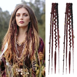 image:imageREECHO Clip in Braid Hair Extensions for Women 16 Boho Dreadlock Clip in Braids with Beads amp Charms 2PCS Handmade Synthetic Braided Hairpieces for Cosplay Daily Styling Dark Brown MixBurgundy  White