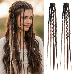 image:imageREECHO Clip in Braid Hair Extensions for Women 16 Boho Dreadlock Clip in Braids with Beads amp Charms 2PCS Handmade Synthetic Braided Hairpieces for Cosplay Daily Styling Dark Brown MixDark Chocolate Brown with Copper Mixed