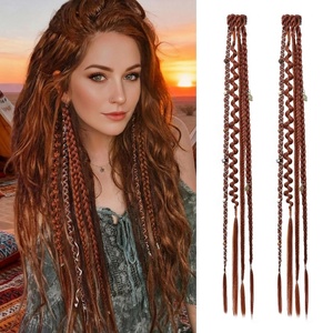 image:imageREECHO Clip in Braid Hair Extensions for Women 16 Boho Dreadlock Clip in Braids with Beads amp Charms 2PCS Handmade Synthetic Braided Hairpieces for Cosplay Daily Styling Dark Brown MixCopper