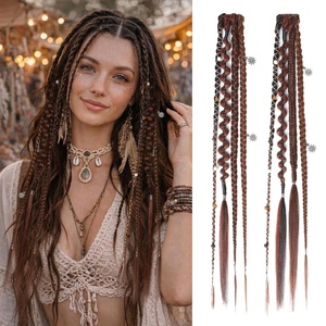 image:imageREECHO Clip in Braid Hair Extensions for Women 16 Boho Dreadlock Clip in Braids with Beads amp Charms 2PCS Handmade Synthetic Braided Hairpieces for Cosplay Daily Styling Dark Brown MixDark Auburn Brown Mix