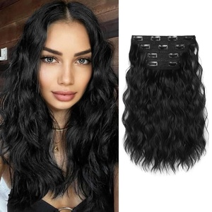 image:imageREECHO Clip in Hair Extensions 4PCS Hair Extensions 14 Short Wavy Invisible Lace Weft Natural Soft Hairpieces for Women  Light Brown with Blonde HighlightsBlack