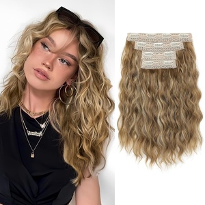 image:imageREECHO Clip in Hair Extensions 4PCS Hair Extensions 14 Short Wavy Invisible Lace Weft Natural Soft Hairpieces for Women  Light Brown with Blonde HighlightsLight Brown with Blonde Highlights
