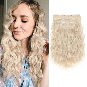 image:imageREECHO Clip in Hair Extensions 4PCS Hair Extensions 14 Short Wavy Invisible Lace Weft Natural Soft Hairpieces for Women  Light Brown with Blonde HighlightsLight Blonde