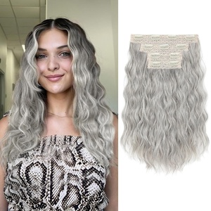 image:imageREECHO Clip in Hair Extensions 4PCS Hair Extensions 14 Short Wavy Invisible Lace Weft Natural Soft Hairpieces for Women  Light Brown with Blonde HighlightsSilver Grey
