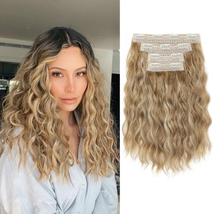 image:imageREECHO Clip in Hair Extensions 4PCS Hair Extensions 14 Short Wavy Invisible Lace Weft Natural Soft Hairpieces for Women  Light Brown with Blonde HighlightsGolden Blonde with Highlights