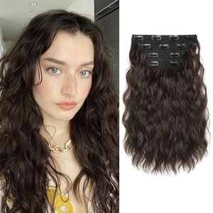 image:imageREECHO Clip in Hair Extensions 4PCS Hair Extensions 14 Short Wavy Invisible Lace Weft Natural Soft Hairpieces for Women  Light Brown with Blonde HighlightsChocolate Brown