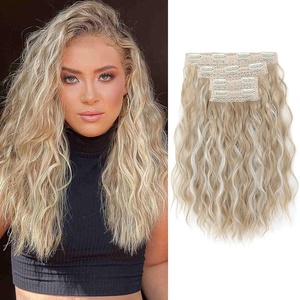 image:imageREECHO Clip in Hair Extensions 4PCS Hair Extensions 14 Short Wavy Invisible Lace Weft Natural Soft Hairpieces for Women  Light Brown with Blonde HighlightsAsh Blonde with Highlights