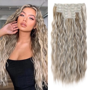 image:imageREECHO Clip in Hair Extensions 5PCS 24 Beach Wavy Invisible Lace WeftsAsh Brown with Platinum Highlights