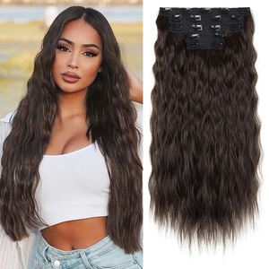 image:imageREECHO Clip in Hair Extensions 5PCS 24 Beach Wavy Invisible Lace WeftsBlack Brown