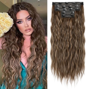 image:imageREECHO Clip in Hair Extensions 5PCS 24 Beach Wavy Invisible Lace WeftsChocolate Brown with Blonde Highlights