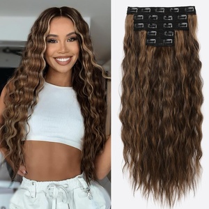 image:imageREECHO Clip in Hair Extensions 5PCS 24 Beach Wavy Invisible Lace WeftsChocolate Brown with Golden Highlights