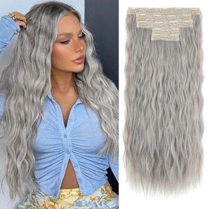image:imageREECHO Clip in Hair Extensions 5PCS 24 Beach Wavy Invisible Lace WeftsSilver Grey
