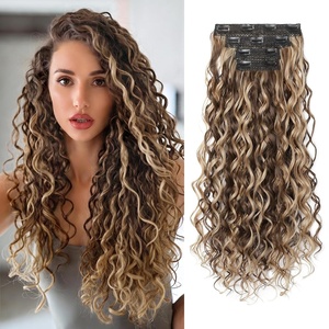 image:imageREECHO Curly Clip in Hair Extensions 4PCS 24 inch Long Hair Extensions Clip ins Lace Weft Natural Hairpieces for Women Daily Light Brown with Blonde HighlightsBrown with Deep Blonde Highlights