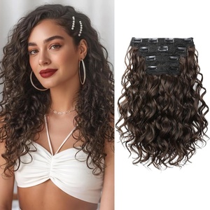 image:imageREECHO Curly Clip in Hair Extensions 4PCS 24 inch Long Hair Extensions Clip ins Lace Weft Natural Hairpieces for Women Daily Light Brown with Blonde HighlightsChocolate Brown