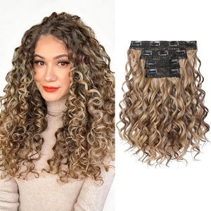 image:imageREECHO Curly Clip in Hair Extensions 4PCS 24 inch Long Hair Extensions Clip ins Lace Weft Natural Hairpieces for Women Daily Light Brown with Blonde HighlightsLight Brown with Blonde Highlights