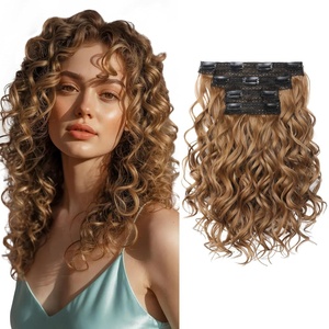 image:imageREECHO Curly Clip in Hair Extensions 4PCS 24 inch Long Hair Extensions Clip ins Lace Weft Natural Hairpieces for Women Daily Light Brown with Blonde HighlightsStrawberry Blonde