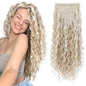 image:imageREECHO Curly Clip in Hair Extensions 4PCS 24 inch Long Hair Extensions Clip ins Lace Weft Natural Hairpieces for Women Daily Light Brown with Blonde HighlightsAsh Blonde with Platinum Highlights