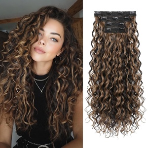 image:imageREECHO Curly Clip in Hair Extensions 4PCS 24 inch Long Hair Extensions Clip ins Lace Weft Natural Hairpieces for Women Daily Light Brown with Blonde HighlightsChocolate Brown with Chestnut Highlights