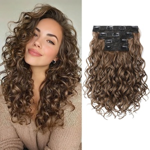 image:imageREECHO Curly Clip in Hair Extensions 4PCS 24 inch Long Hair Extensions Clip ins Lace Weft Natural Hairpieces for Women Daily Light Brown with Blonde HighlightsLight Brown