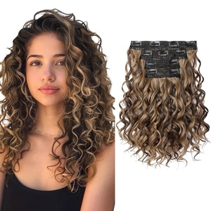 image:imageREECHO Curly Clip in Hair Extensions 4PCS 24 inch Long Hair Extensions Clip ins Lace Weft Natural Hairpieces for Women Daily Light Brown with Blonde HighlightsChocolate Brown with Highlights