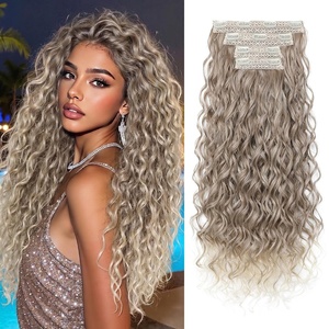 image:imageREECHO Curly Clip in Hair Extensions 4PCS 24 inch Long Hair Extensions Clip ins Lace Weft Natural Hairpieces for Women Daily Light Brown with Blonde HighlightsGlazed Mocha to Blonde