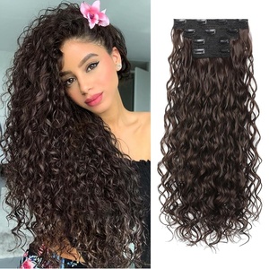 image:imageREECHO Curly Clip in Hair Extensions 4PCS 24 inch Long Hair Extensions Clip ins Lace Weft Natural Hairpieces for Women Daily Light Brown with Blonde HighlightsDark Chocolate Brown