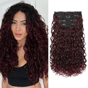 image:imageREECHO Curly Hair Extensions  4PCS 18 GoGo Curly Clip in Hair Extensions 100 Super Protein Hairpieces with Invisible Lace Weft Silky Soft Natural Look for Women  Chocolate Brown with Lighter EndsWine Red