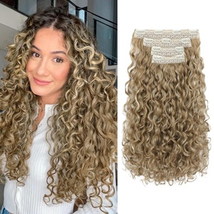 image:imageREECHO Curly Hair Extensions  4PCS 18 GoGo Curly Clip in Hair Extensions 100 Super Protein Hairpieces with Invisible Lace Weft Silky Soft Natural Look for Women  Chocolate Brown with Lighter EndsHoney Blonde with Highlights