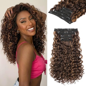 image:imageREECHO Curly Hair Extensions  4PCS 18 GoGo Curly Clip in Hair Extensions 100 Super Protein Hairpieces with Invisible Lace Weft Silky Soft Natural Look for Women  Chocolate Brown with Lighter EndsWarm Brown with Highlights