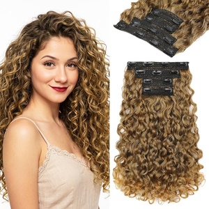 image:imageREECHO Curly Hair Extensions  4PCS 18 GoGo Curly Clip in Hair Extensions 100 Super Protein Hairpieces with Invisible Lace Weft Silky Soft Natural Look for Women  Chocolate Brown with Lighter EndsHoney Blonde Mix