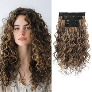 image:imageREECHO Curly Hair Extensions 4PCS 16 inch Clip in Hair Extensions Lace Weft Short Curly Hair Extension Clip Ins Invisible Natural Hairpieces for Women Light Brown with Blonde HighlightsChocolate Brown with Highlights
