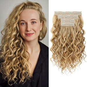 image:imageREECHO Curly Hair Extensions 4PCS 16 inch Clip in Hair Extensions Lace Weft Short Curly Hair Extension Clip Ins Invisible Natural Hairpieces for Women Light Brown with Blonde HighlightsDark Blonde with Highlights