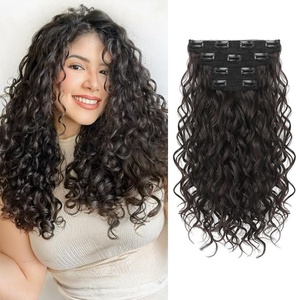 image:imageREECHO Curly Hair Extensions 4PCS 16 inch Clip in Hair Extensions Lace Weft Short Curly Hair Extension Clip Ins Invisible Natural Hairpieces for Women Light Brown with Blonde HighlightsNatural Black Brown