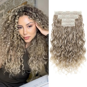 image:imageREECHO Curly Hair Extensions 4PCS 16 inch Clip in Hair Extensions Lace Weft Short Curly Hair Extension Clip Ins Invisible Natural Hairpieces for Women Light Brown with Blonde HighlightsGlazed Mocha to Blonde
