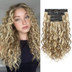 image:imageREECHO Curly Hair Extensions 4PCS 16 inch Clip in Hair Extensions Lace Weft Short Curly Hair Extension Clip Ins Invisible Natural Hairpieces for Women Light Brown with Blonde HighlightsDark Ash Brown with Highlights